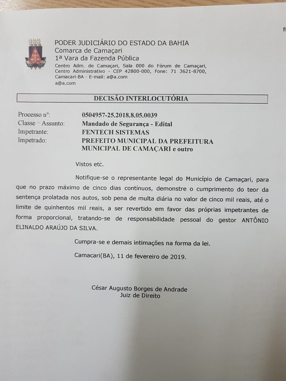 Documento que o oficial de justiça até esta quinta-feira ainda não tinha conseguido entregar ao prefeito Antônio Elinaldo Documento que o oficial de justiça até esta quinta-feira ainda não tinha conseguido entregar ao prefeito Antônio Elinaldo